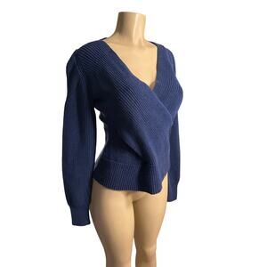 Women M Tome NYC Merino Wool Crossover Knit Wrap Sweater Blue Long Slv Ribbed